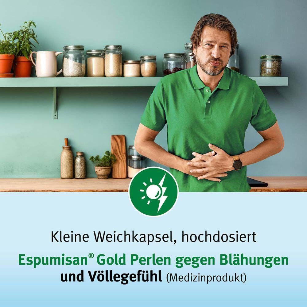 Mann mit Bauchschmerzen. Text: Espumisan Gold Perlen gegen Blähungen und Völlegefühl (Medizinprodukt).