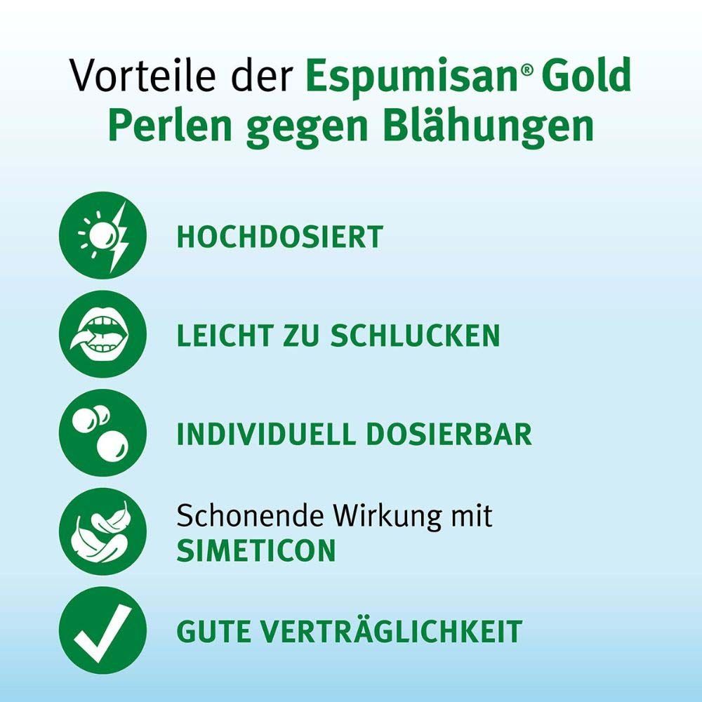 Vorteile von Espumisan Gold Perlen. Text: Hochdosiert, leicht zu schlucken, individuell dosierbar, gute Verträglichkeit.