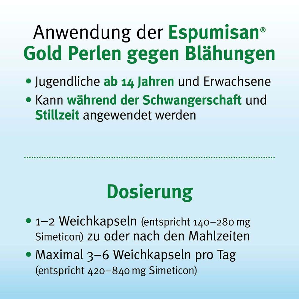 Anwendung und Dosierung von Espumisan Gold Perlen. Text: Jugendliche ab 14 Jahren und Erwachsene. 1-2 Weichkapseln.