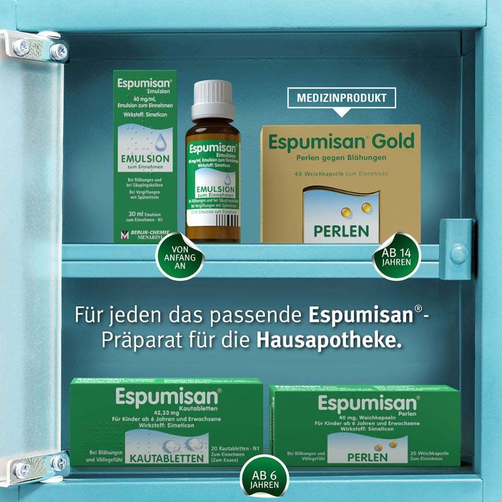 Apothekerschrank mit Espumisan Produkten. Emulsion, Kautabletten, Gold Perlen. Ab 6 und 14 Jahren.