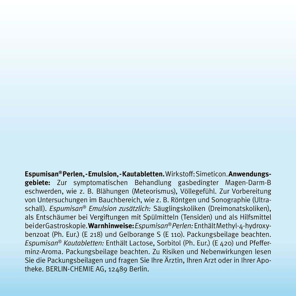 Text: Espumisan Perlen, Emulsion, Kautabletten. Wirkstoff: Simeticon. Anwendungsgebiete. Warnhinweise.