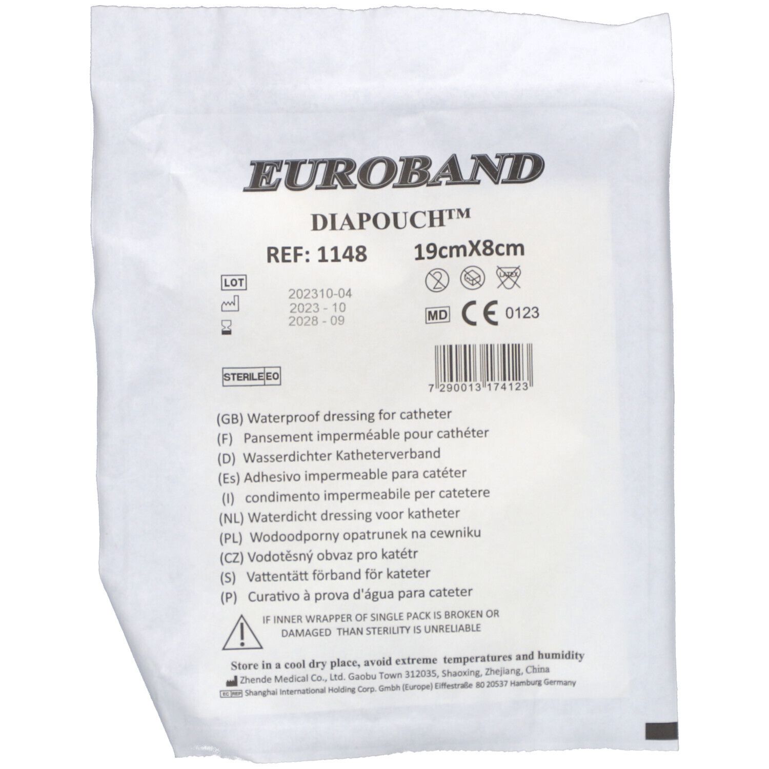 Verpackung mit Produktinformationen. Enthält Text, Barcode, CE-Kennzeichnung und Größenangaben.