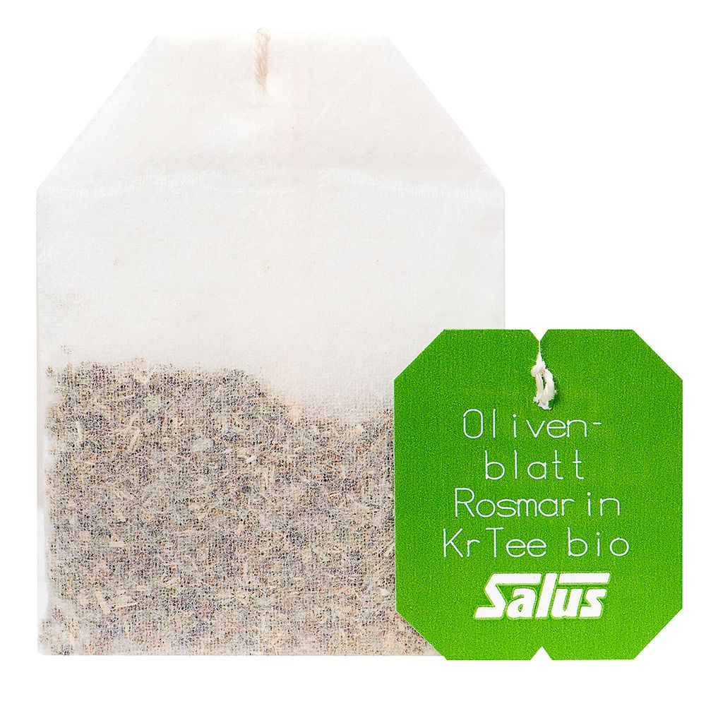 Teebeutel mit Kräutermischung und grünem Etikett. Aufschrift: Olivenblatt Rosmarin, Salus, Bio.