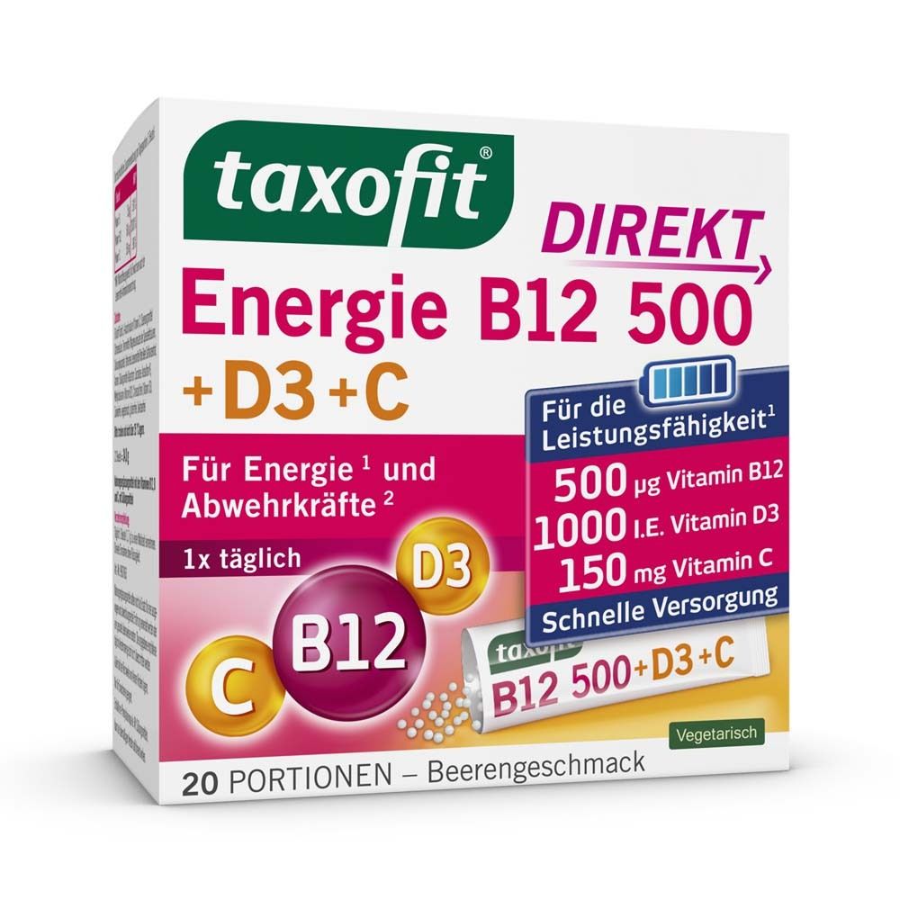Box mit taxofit Energie B12 500+D3+C Direkt. Enthält 20 Portionen. Mit Vitamin B12, D3 und C. Vegetarisch.