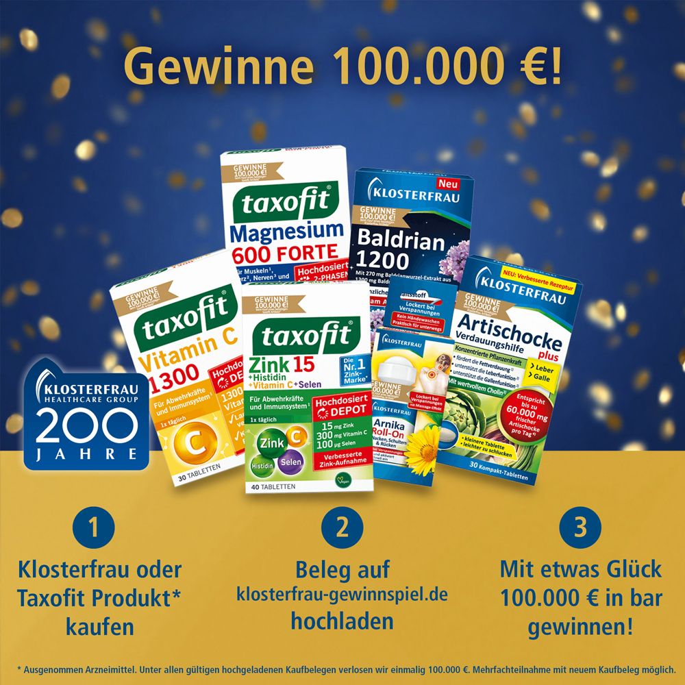 Werbebild mit verschiedenen taxofit Produkten. Text: Gewinne 100.000 €. Produkte: Magnesium, Baldrian, Vitamin C, Zink, Artischocke.