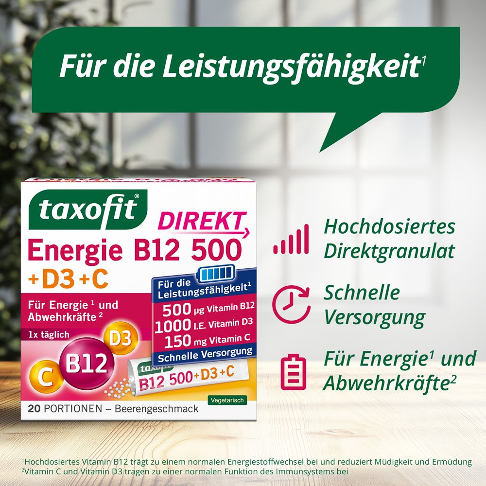 Box taxofit Energie B12 500+D3+C Direkt. Text: Für die Leistungsfähigkeit. Hochdosiertes Direktgranulat. Schnelle Versorgung.