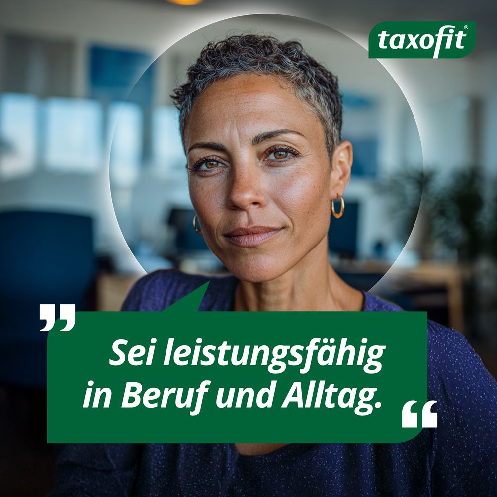 Frau mit Sprechblase. Text: Sei leistungsfähig in Beruf und Alltag.