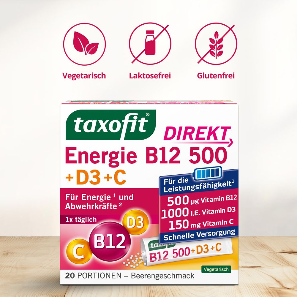 Box taxofit Energie B12 500+D3+C Direkt. Vegetarisch, laktosefrei, glutenfrei. 20 Portionen.