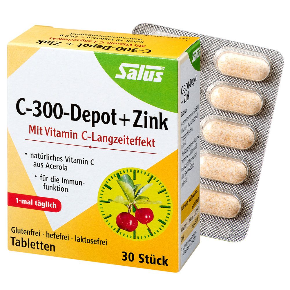 Schachtel mit Tabletten. Aufschrift: C-300-Depot + Zink. Enthält 30 Tabletten. Mit Vitamin C-Langzeiteffekt.