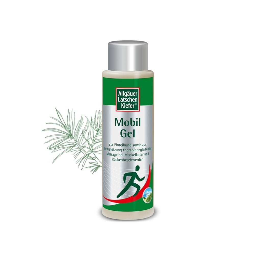 Zylindrische Flasche mit silbernem Deckel. Aufschrift: Mobil Gel. Logo: Allgäuer Latschenkiefer. Kiefernzweig.