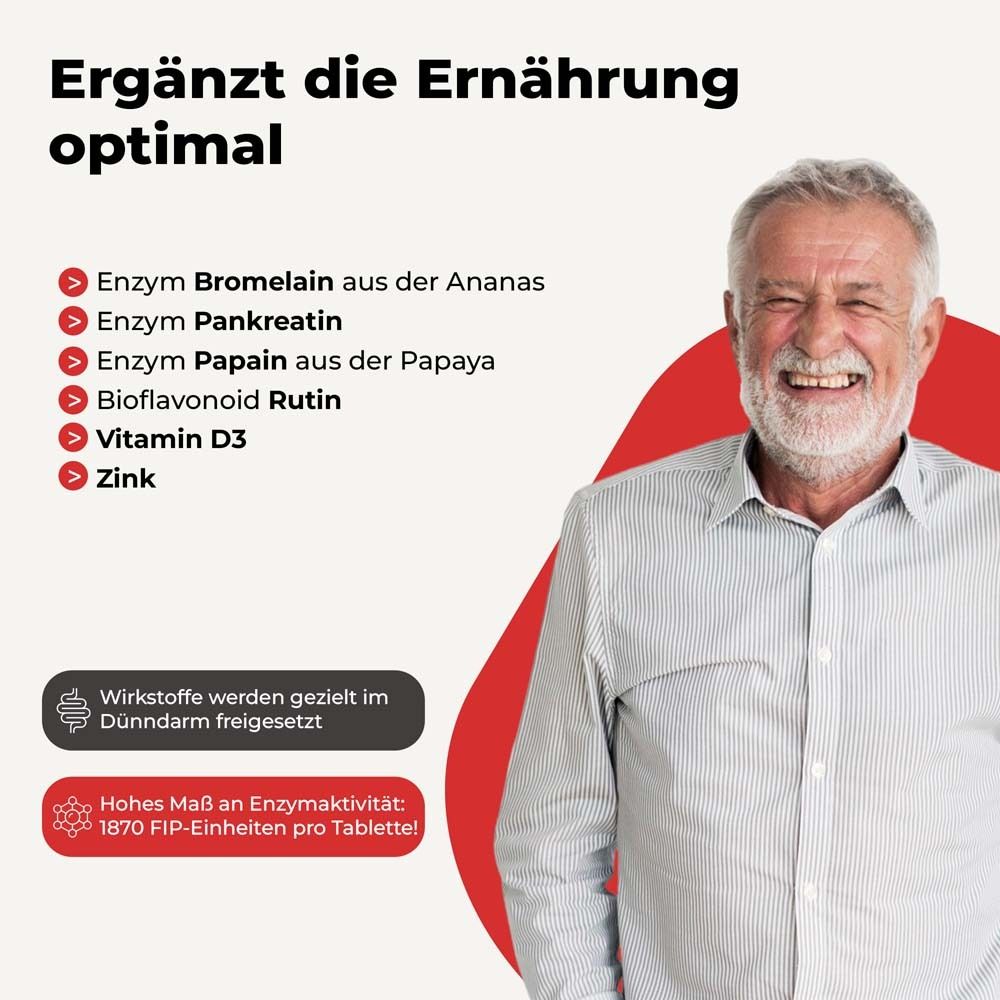 Text mit Aufzählungspunkten. Enthält Enzyme, Zink und Vitamin D3. Mann lächelt im Hintergrund.