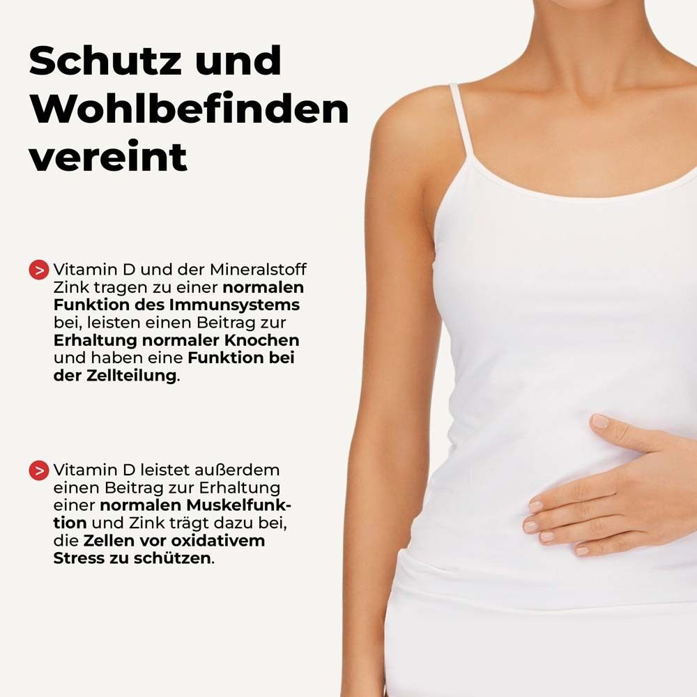 Infografik mit Text. Beschreibt die Wirkung von Vitamin D und Zink auf das Immunsystem und die Knochen.
