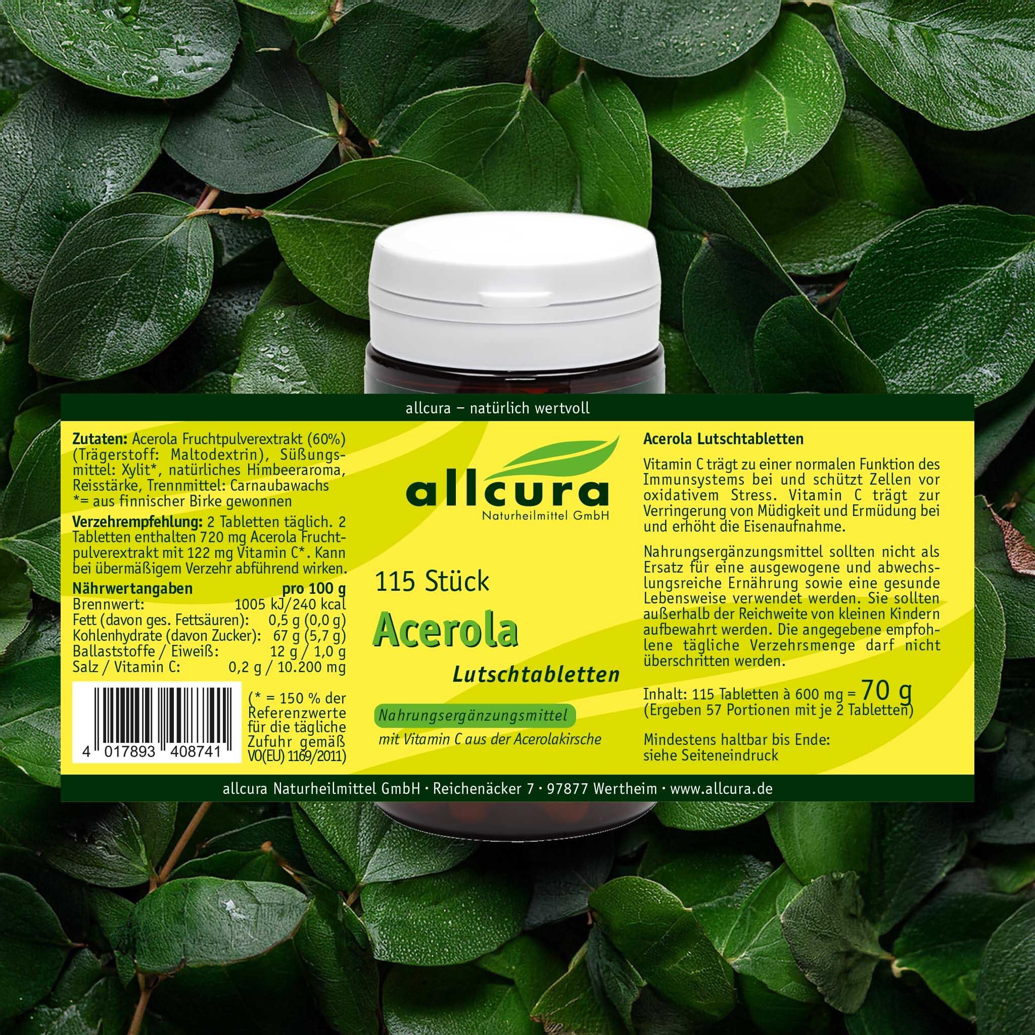 Dose mit Etikett. Aufschrift: allcura Acerola Lutschtabletten. 115 Stück. Mit Vitamin C.