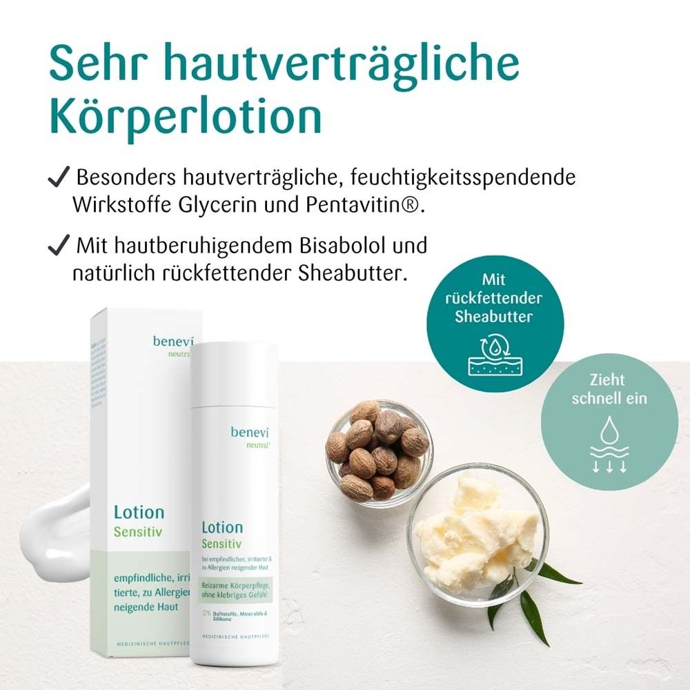 BENEVI NEUTRAL® Lotion, Sheabutter und Zutaten. Text: Feuchtigkeitsspendende Wirkstoffe. Zieht schnell ein.