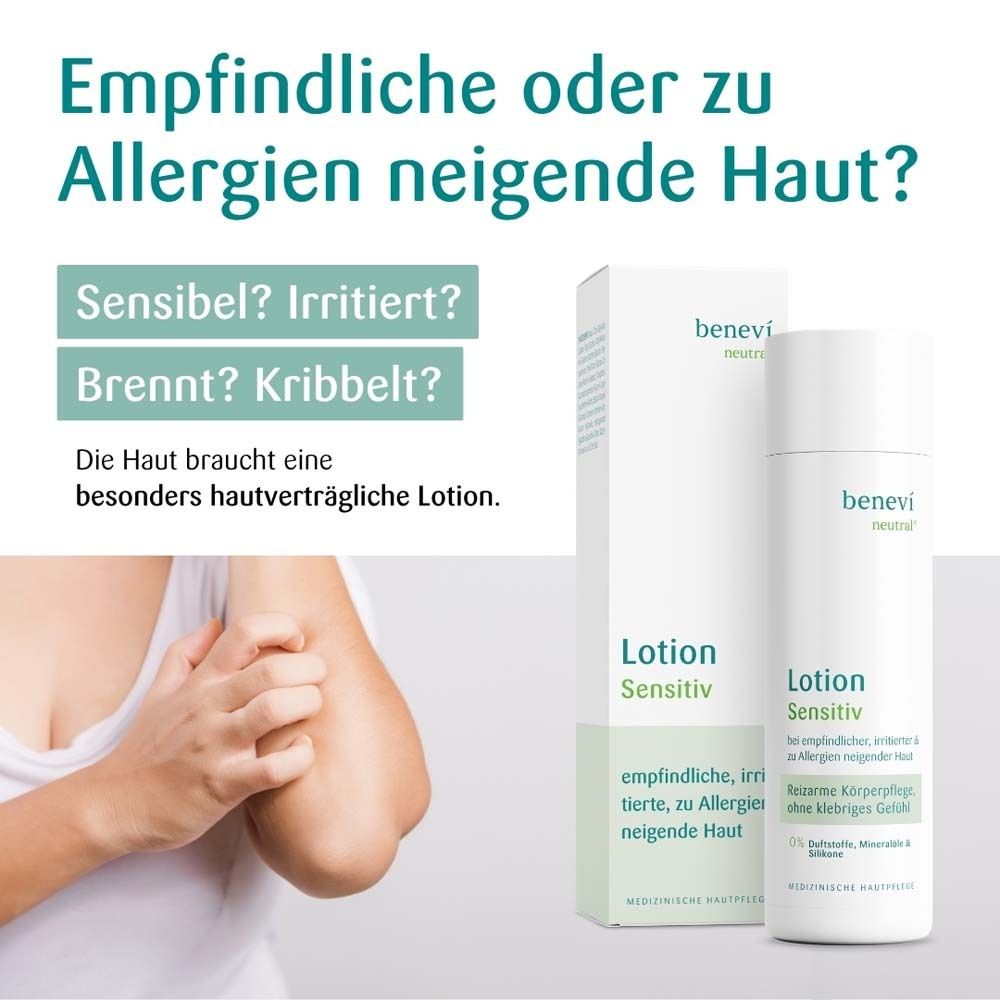 BENEVI NEUTRAL® Lotion und Verpackung. Text: Empfindliche oder zu Allergien neigende Haut? Lotion Sensitiv.