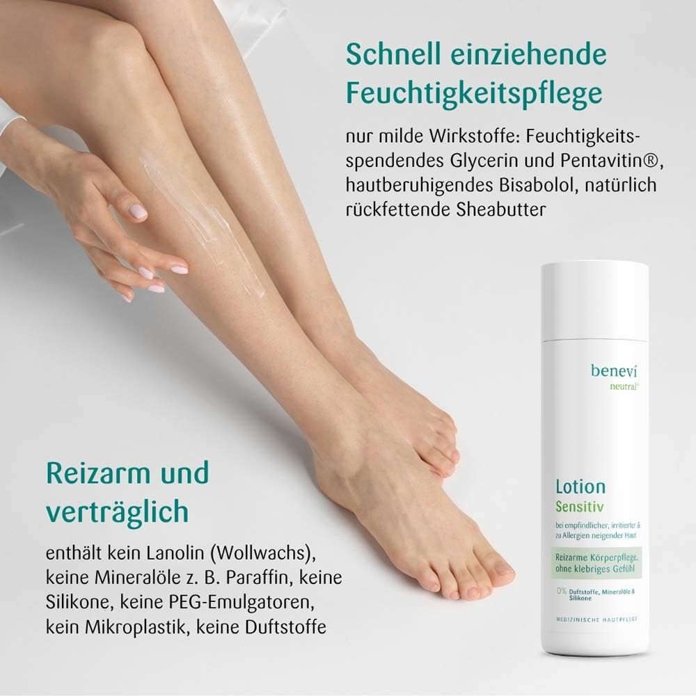 BENEVI NEUTRAL® Lotion. Text: Schnell einziehende Feuchtigkeitspflege. Reizarm und verträglich.