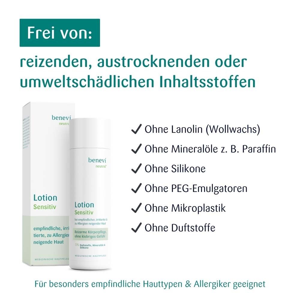 BENEVI NEUTRAL® Lotion und Verpackung. Text: Frei von reizenden Inhaltsstoffen. Geeignet für empfindliche Hauttypen.