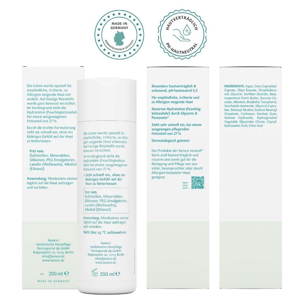 Drei Ansichten der BENEVI NEUTRAL® Lotion Verpackung. Text: Inhaltsstoffe, Anwendung, Herkunft. Made in Germany.