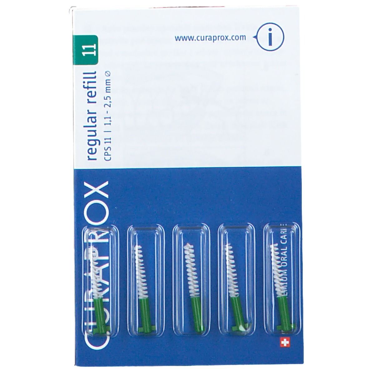 Packung mit fünf Curaprox Interdentalbürsten, Größe 11 (1,1-2,5 mm). Grüne Griffe, weiße Borsten.
