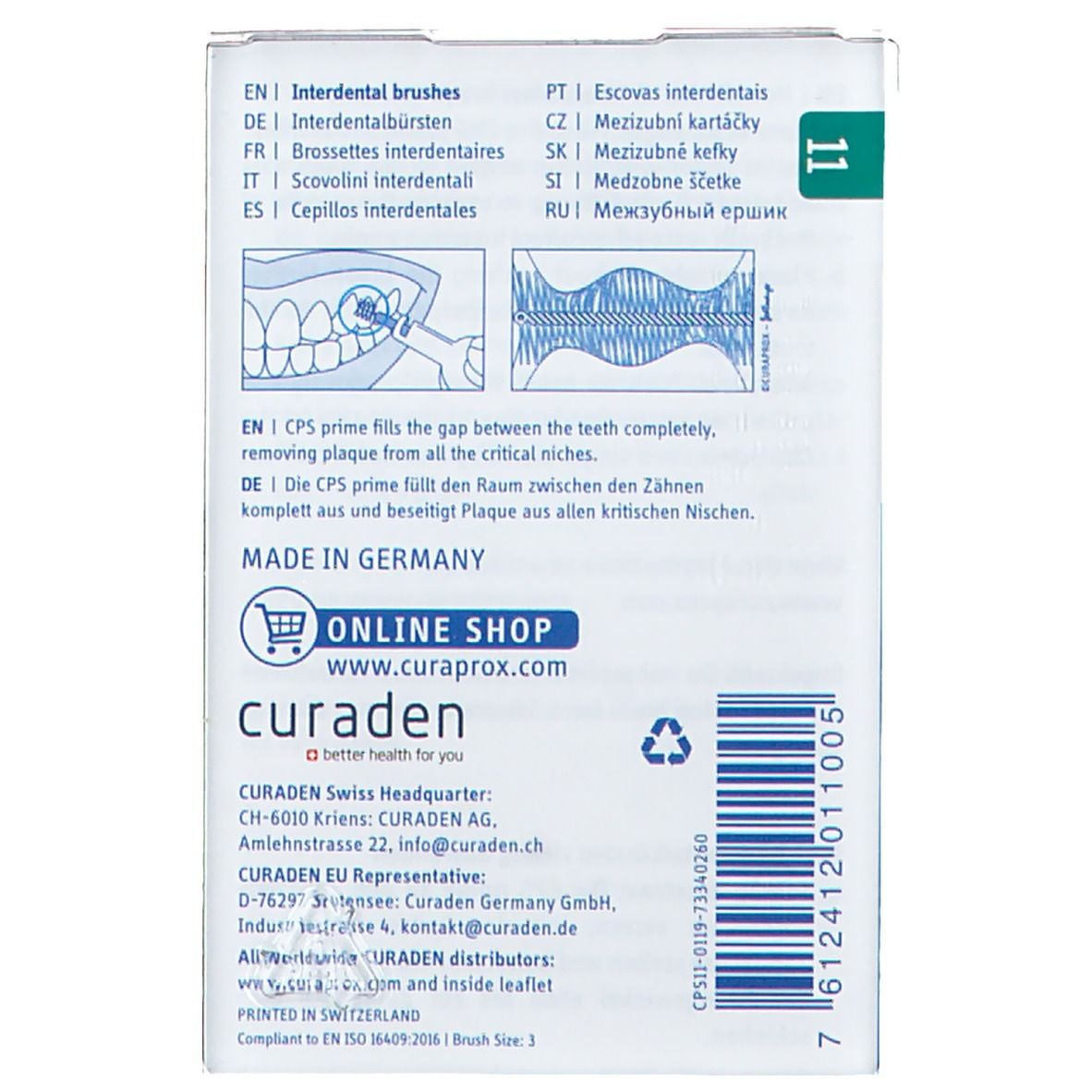 Verpackung für Interdentalbürsten mit Hinweisen zur Anwendung und Herstellerinformationen.