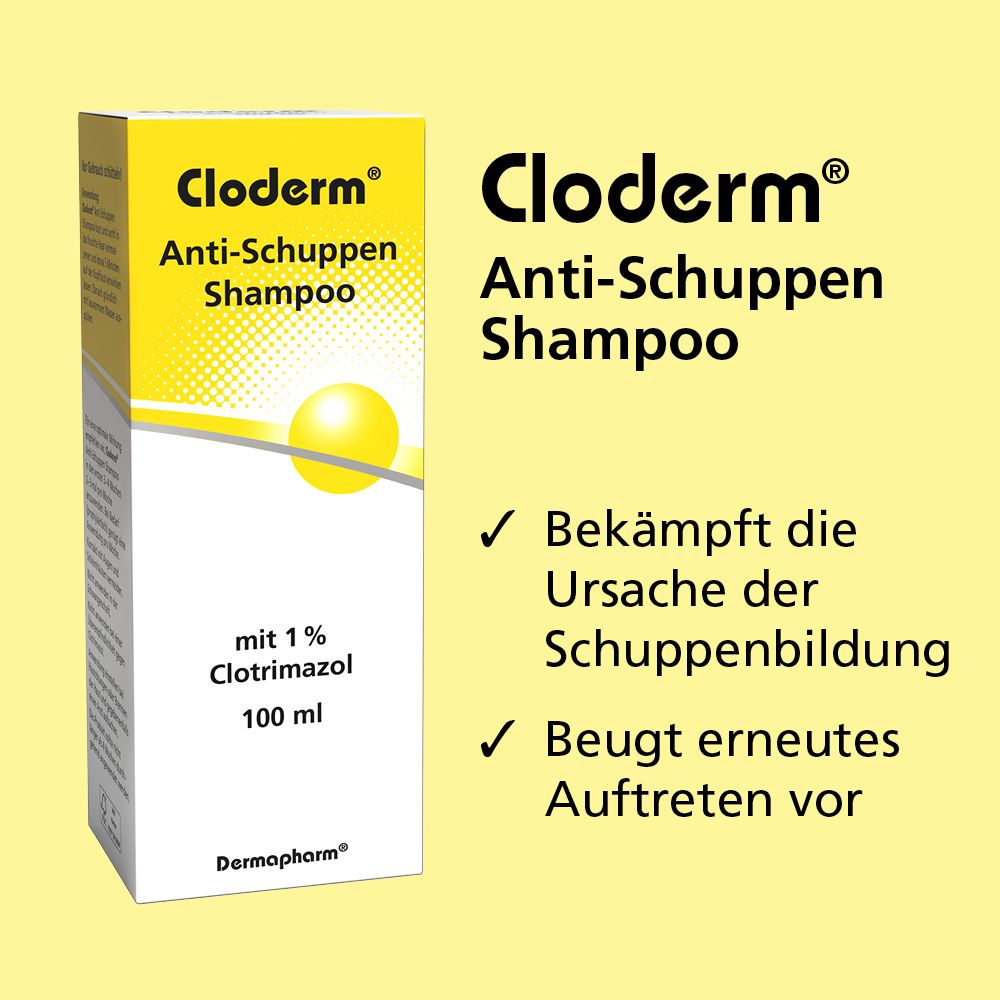 Cloderm® Anti-Schuppen Shampoo in Faltschachtel. Bekämpft Schuppenursache und beugt erneutem Auftreten vor. 100 ml.