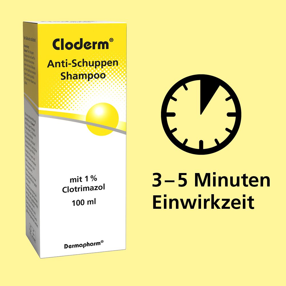 Cloderm® Anti-Schuppen Shampoo in Faltschachtel. Zeigt eine Uhr mit 3-5 Minuten Einwirkzeit.
