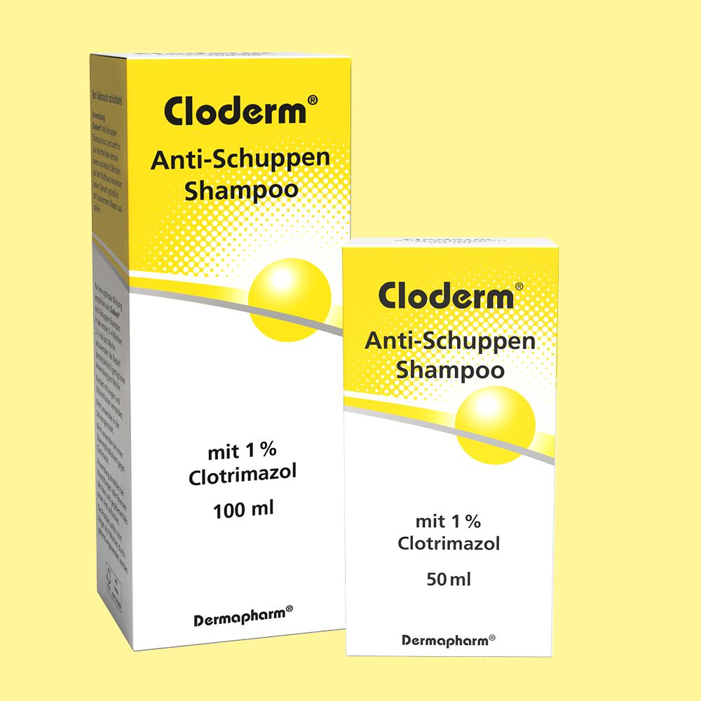 Cloderm® Anti-Schuppen Shampoo. Zwei Größen: 100 ml und 50 ml. Weiße Verpackung mit gelbem Akzent.