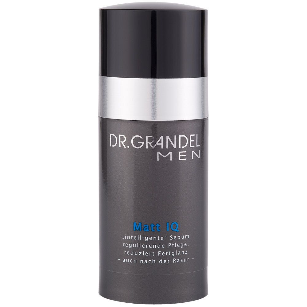 Zylindrische Flasche mit schwarzem Deckel und silbernem Ring. Aufschrift: DR. GRANDEL MEN, Matt IQ.