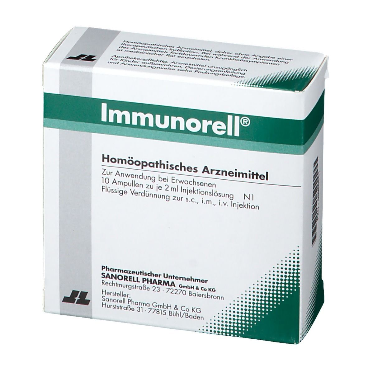 Immunorell-Verpackung, homöopathisches Arzneimittel. Enthält 10 Ampullen. Aufdrucke: Name, Inhaltsstoffe, Hersteller.