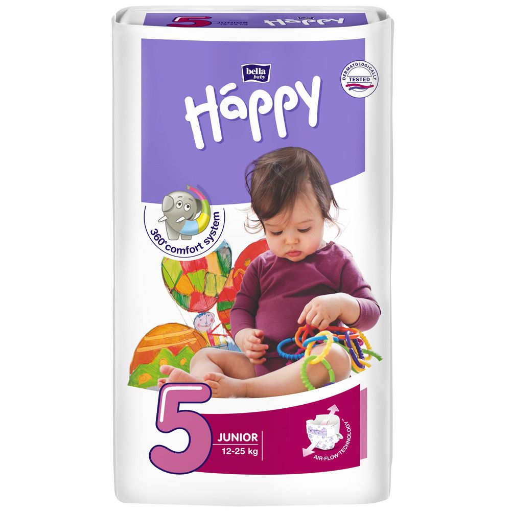 Windeln-Packung mit Baby-Illustration. Aufschrift: Happy, Junior 5, 12-25 kg. Mit 360° Comfort System und Air Flow Technologie.