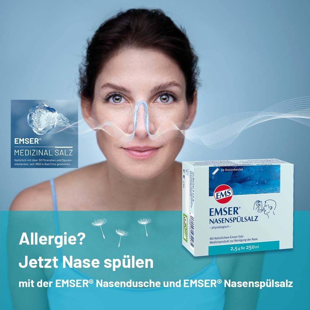 Frau mit Nasenspüldusche. Links: Produktabbildung. Text: Allergie? Jetzt Nase spülen mit EMSER Nasendusche und Nasenspülsalz.