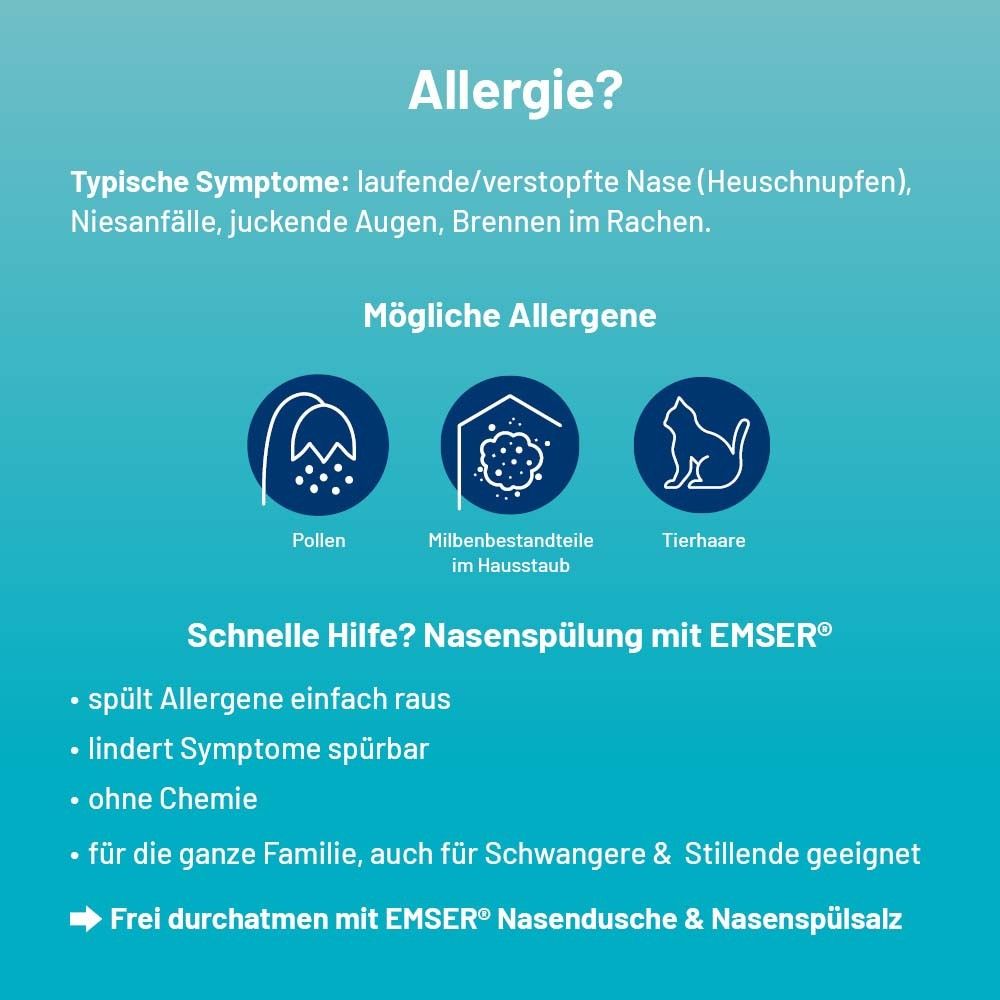 Infografik: Allergie? Text: Symptome, Pollen, Milben, Tierhaare, Nasenspülung mit EMSER, ohne Chemie, für die ganze Familie.