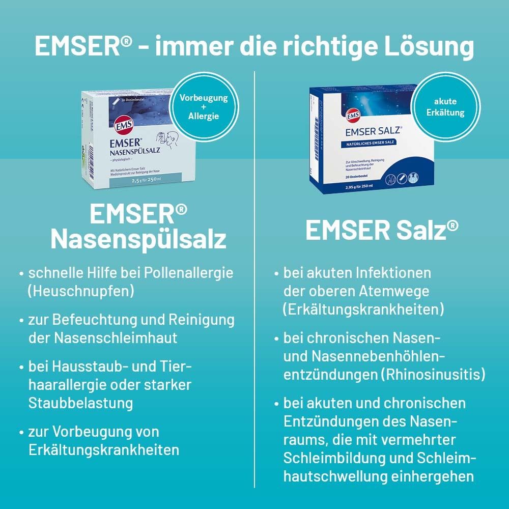 Vergleich: EMSER Nasenspülsalz und EMSER Salz. Text: Heuschnupfen, Befeuchtung, Stauballergie, Erkältung, akute Erkältung.