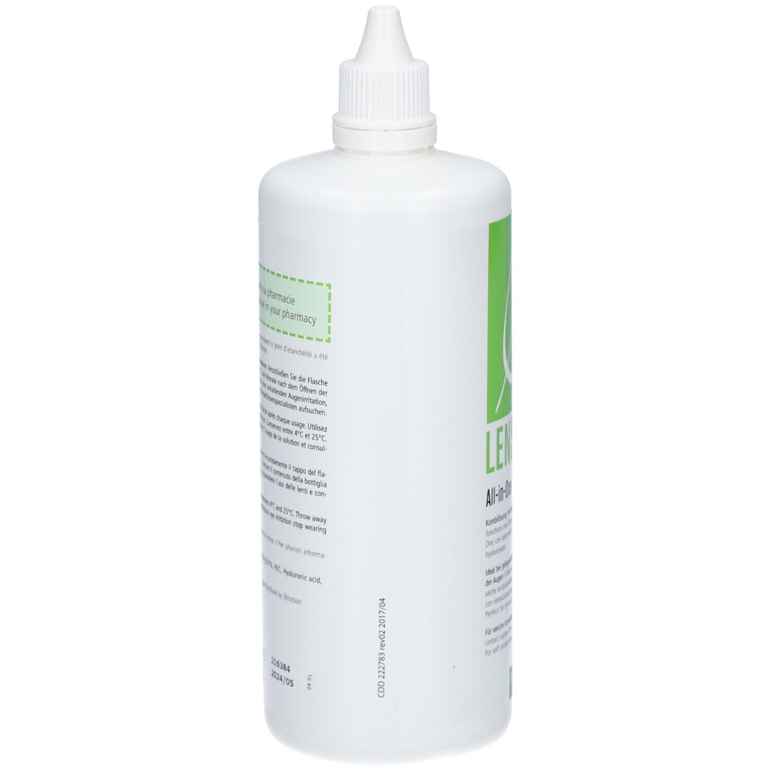 Weiße Flasche mit Schraubverschluss. Grüne Etiketten mit Text. Produktname nicht sichtbar. Text in Deutsch, Italienisch, Französisch und Niederländisch.