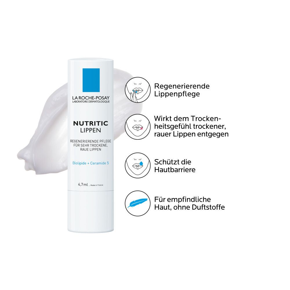 La Roche-Posay Nutritic Lippen-Pflege. Produktbeschreibung mit Icons. Regenerierende Pflege für trockene Lippen.