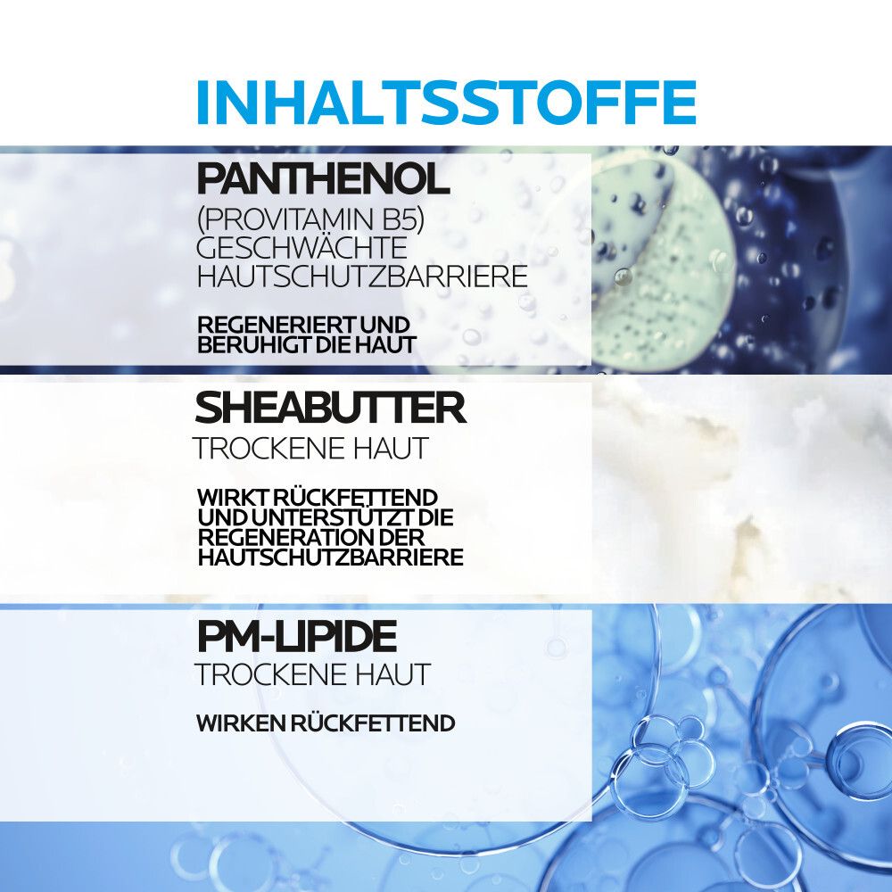 Inhaltsstoffe der La Roche-Posay Nutritic Lippen-Pflege. Enthält Panthenol, Sheabutter und PM-Lipide.