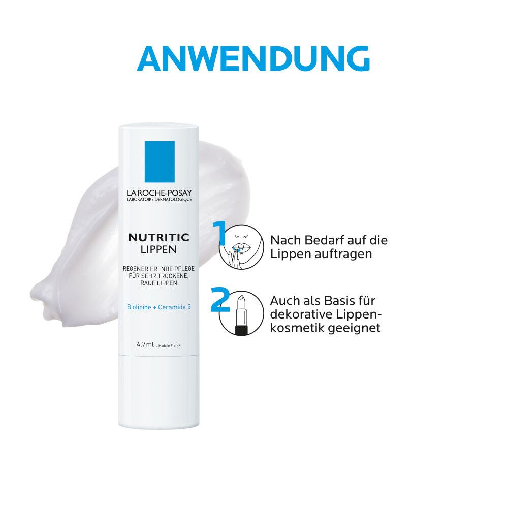 Anwendung der La Roche-Posay Nutritic Lippen-Pflege. Auf die Lippen auftragen. Als Basis für Lippen-Make-up.