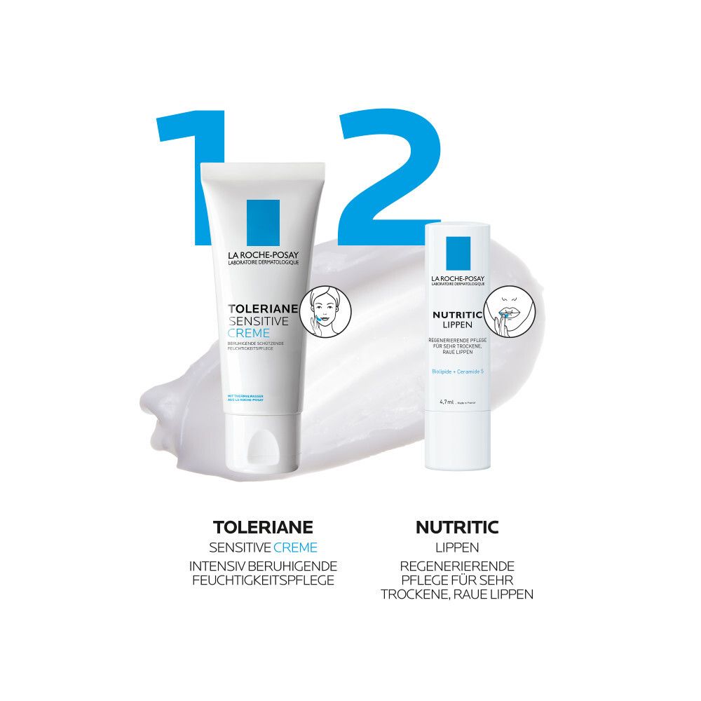 Vergleich von La Roche-Posay Produkten. Toleriane Creme und Nutritic Lippen-Pflege. Feuchtigkeitspflege.