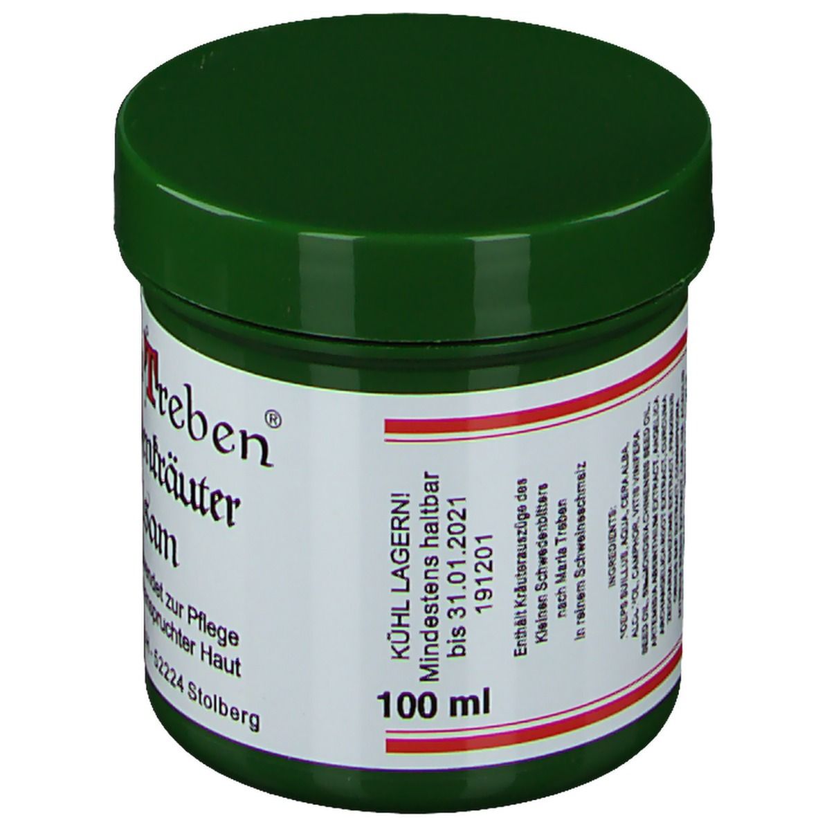 Grüner Tiegel mit weißem Etikett. Aufschrift: Maria Treben Schwedenkräuter Balsam. Mindestens haltbar bis 31.01.2021. 100 ml. Zutatenliste.