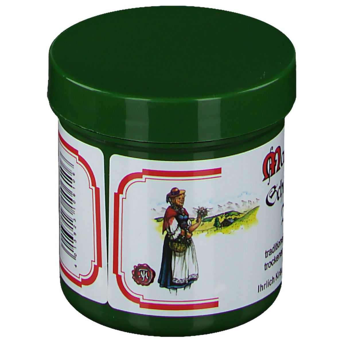 Grüner Tiegel mit weißem Etikett. Aufschrift: Maria Treben Schwedenkräuter Balsam. Frau mit Kräutern. Firma in Stolberg.