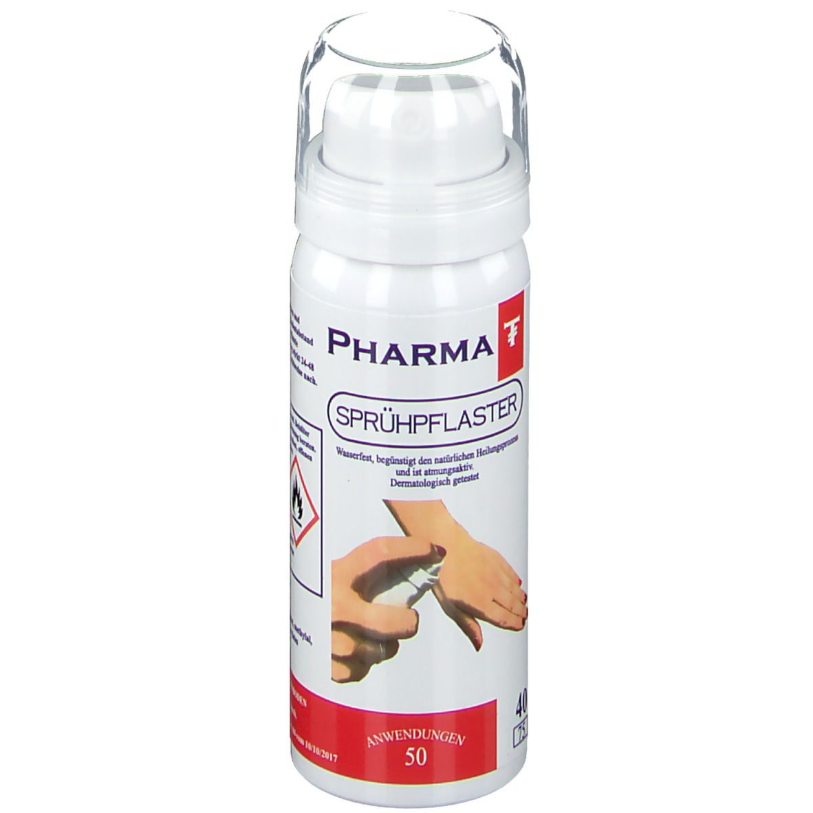 Weiße Sprühflasche mit transparentem Deckel. Aufschrift: PHARMA Sprühpflaster. Illustration: Hand besprüht Handgelenk. 40 ml.