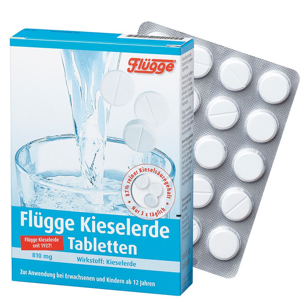 Schachtel und Blisterpackung mit Tabletten. Aufdruck: Flügge Kieselerde Tabletten, 810 mg, Tabletten.