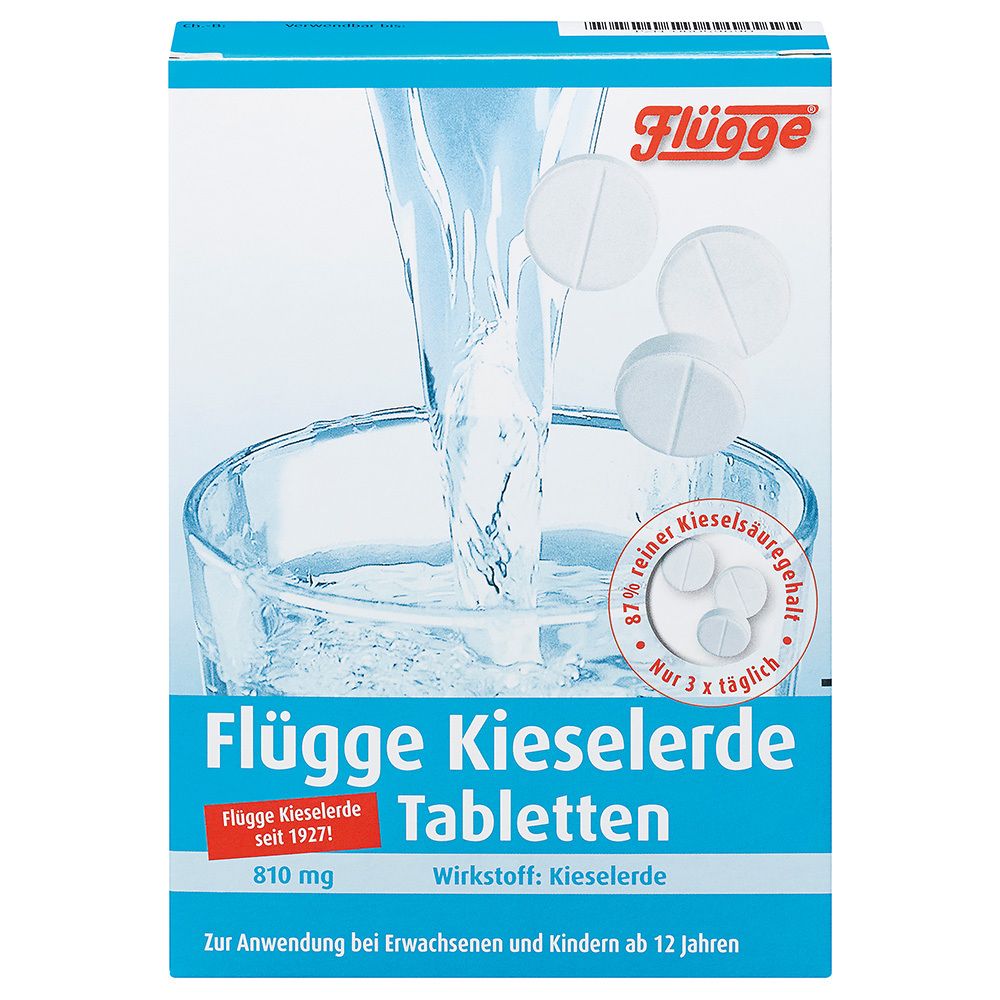 Produktverpackung mit Tabletten. Aufdruck: Flügge Kieselerde Tabletten, 810 mg, Tabletten. Abbildung: Wasser und Tabletten.