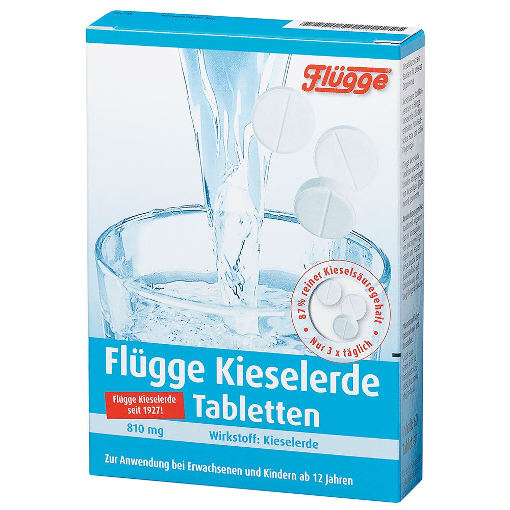 Produktverpackung mit Tabletten. Aufdruck: Flügge Kieselerde Tabletten, 810 mg, Tabletten. Abbildung: Wasser und Tabletten.