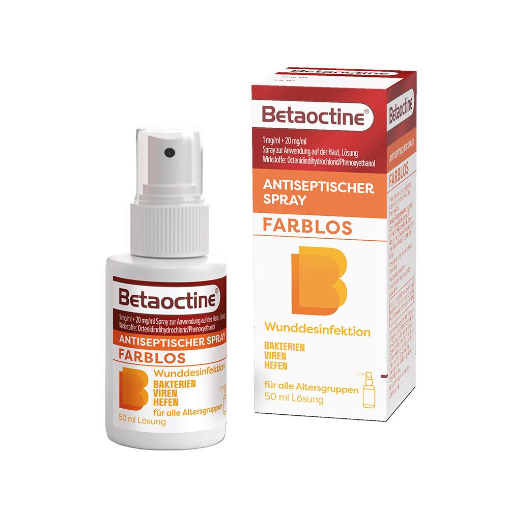 Sprühflasche und Karton mit Aufschrift 'Betaoctine'. Antiseptischer Spray, farblos. 50 ml Lösung.