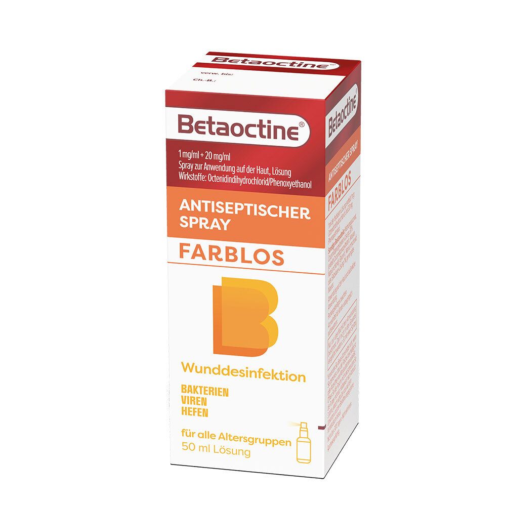 Karton 'Betaoctine'. Antiseptischer Spray, farblos. Für Wunddesinfektion. Für alle Altersgruppen.