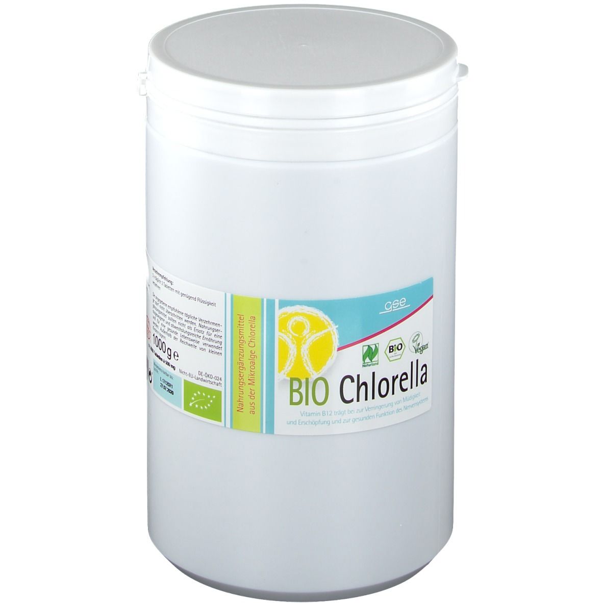 Weißer Behälter mit Deckel. Aufkleber mit "BIO Chlorella", Logos und Text. Bio-Siegel.