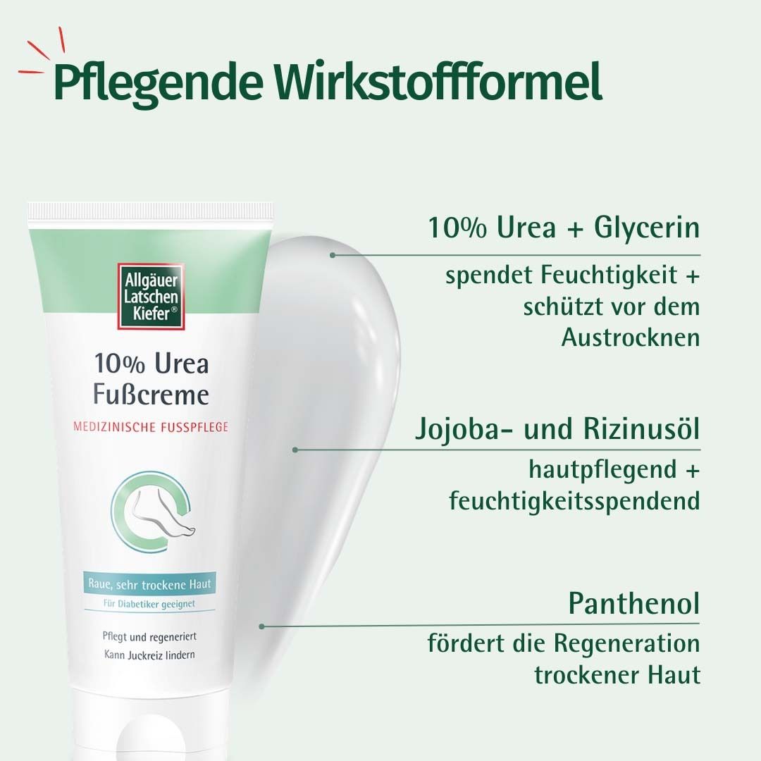 Fußcreme-Tube und Inhaltsstoffe. Allgäuer Latschenkiefer 10% Urea Fußcreme. 10% Urea + Glycerin, Jojoba- und Rizinusöl, Panthenol.