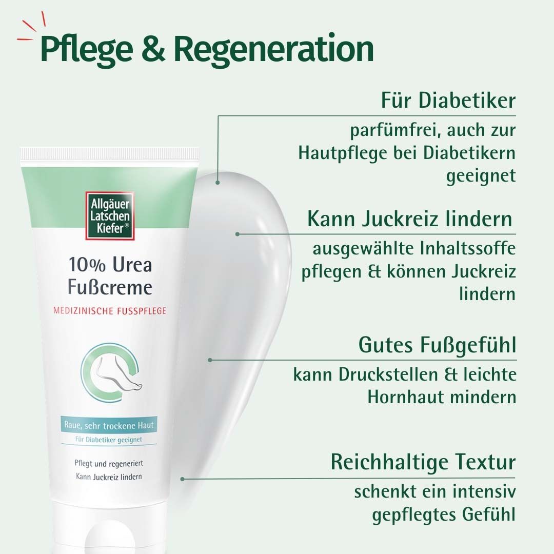 Fußcreme-Tube und Vorteile. Allgäuer Latschenkiefer 10% Urea Fußcreme. Für Diabetiker, lindert Juckreiz, gutes Fußgefühl, reichhaltige Textur.