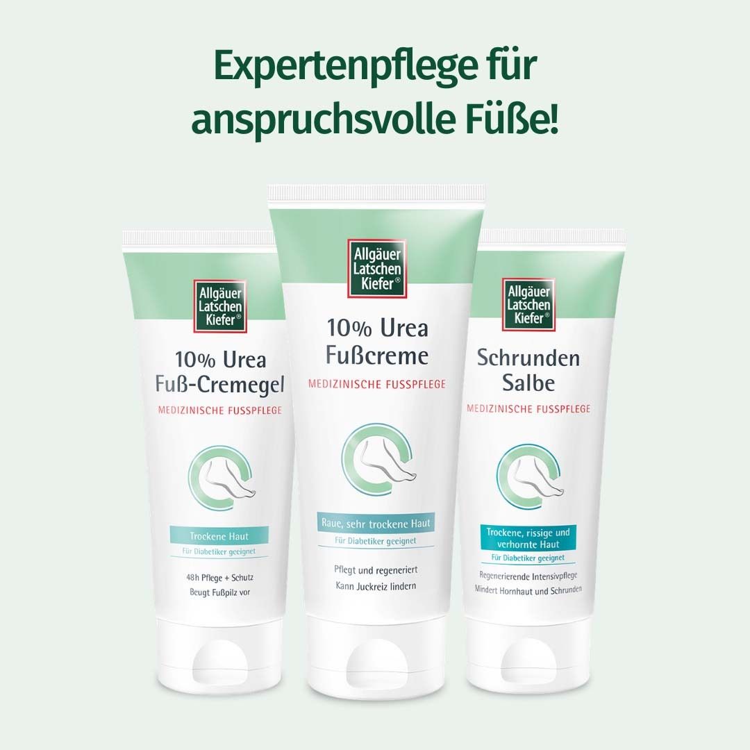 Drei Fußcreme-Tuben. Allgäuer Latschenkiefer. 10% Urea Fußcreme, Fuß-Creme-Gel, Schrunden Salbe. Expertenpflege für anspruchsvolle Füße.